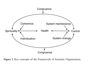 Diagram of the Framework of Systemic Organization in health, depicting key concepts such as Health, Coherence, Spirituality, Individuation, Control, System maintenance, System change, and Congruence, all interconnected as one of the nursing middle range theory.