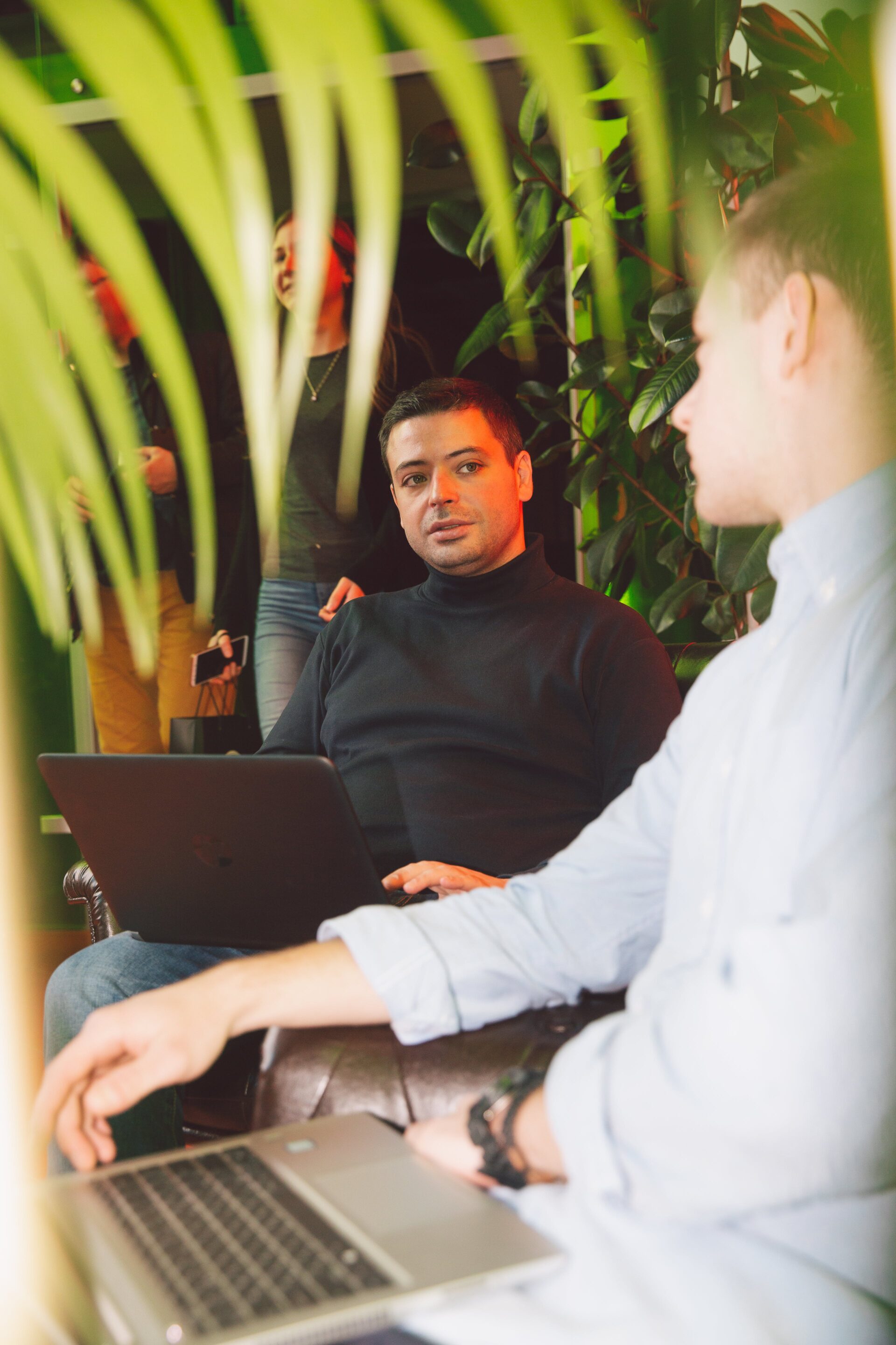 Two academic writers engaged in a discussion, with one man in a black turtleneck intently listening to another man in a light blue shirt who is working on a laptop, in a cozy room with lush green plants in the foreground.