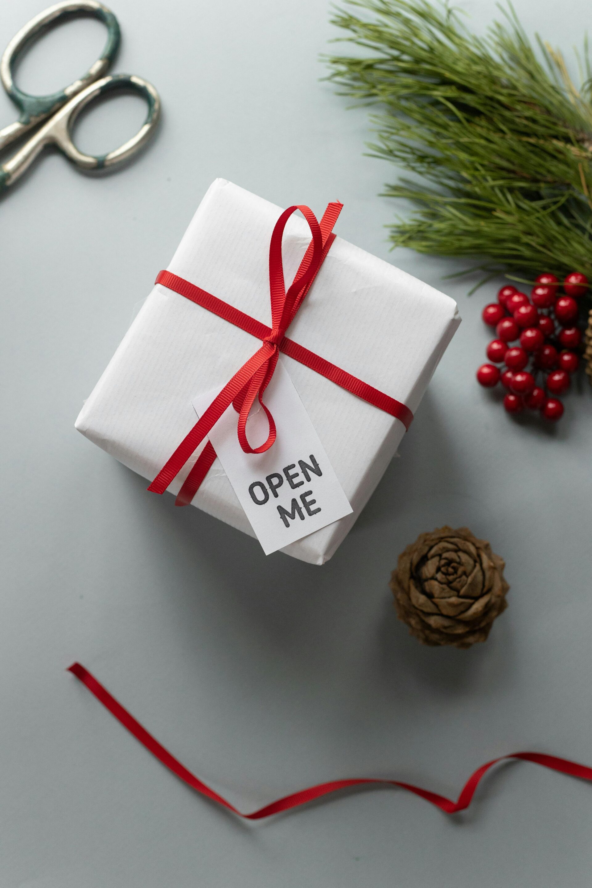 A beautifully wrapped gift with a tag that says 'Open Me', surrounded by festive decorations.